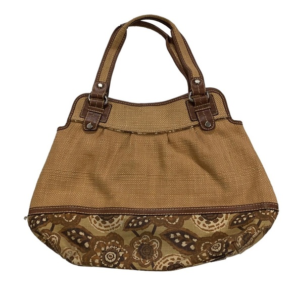 Fossil Straw Large Satchel Bag Floral Accent Leather Trim Magnetic Closure 13x17 - Picture 5 of 13